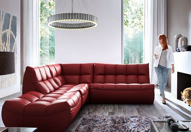 Угловой бескаркасный диван ДеИтали из экокожи красного цвета, яркий диван, тресковый дизайн, по вашему проекту