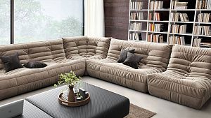 Бежевый диван ДеФранс с подушками в гостиную, бескаркасный модульный диван 