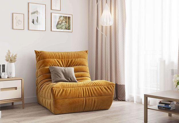 Яркое желтое кресло ДеФранс из велюр, обивка кресла из ткани велюр