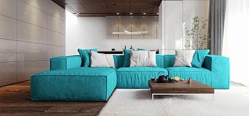 Бирюзовый диван в интерьере-26, Яркий и стильный диван Фри для гостиной