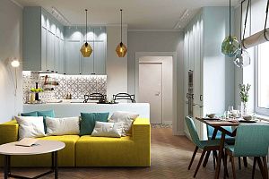 Бескаркасный диван Драм желтого цвета в квартире-студии