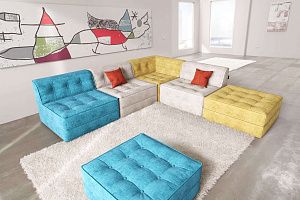 Модульный бескаркасный диван Гоа голубого, белого, желтогоцвета в гостиной