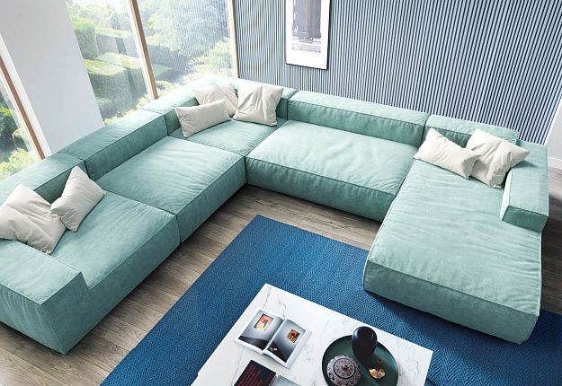 Модульный бескаркасный Диван Фри Лаунж мятного цвета в гостиной