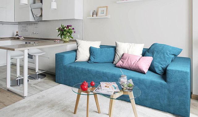 Синий диван в интерьере-22, Стильный диван Драм