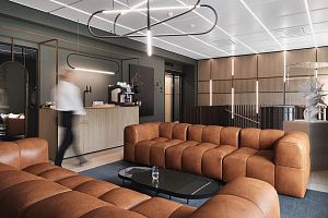 Яркий диван Квадро в офис, оранжевый кожаный диван от российского производителя, стильный дизайн