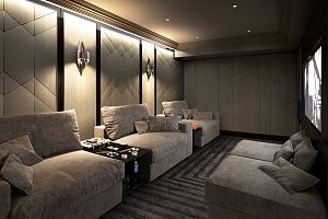 Кресло Элизиум в домашнем кинотеатре, бескаркасные диваны и кресла бежевого цвета