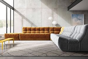 Большой бескаркасный диван ДеИтали из антивандальной ткани, оранжевый и серый диваны в интерьере лофт