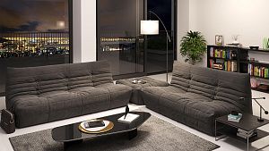 Серый диван ДеФранс с пуфом с гостиную, бескаркасный диван нового поколения