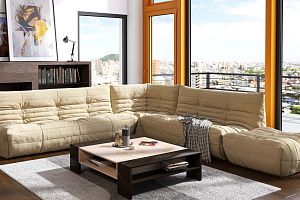 Тканевый бежевый бескаркасный диван ДеФранс в гостиную, большой диван от Гливер, современный, стильный, выбор дизайнера 