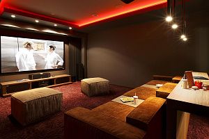 Кресло Фри в домашнем кинотеатре, бескаркасные кресла и диваны коричневого цвета