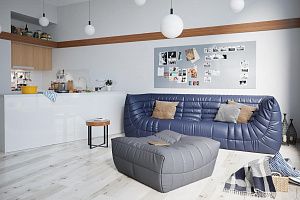 Эргономичный бескаркасный диван ДеФранс с пуфом из экокожи, мягкая мебель по Гливер на заказ