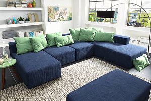 Легкий бескаркасный диван Драм для гостиной, синий диван с яркими подушками на заказ с доставкой по России