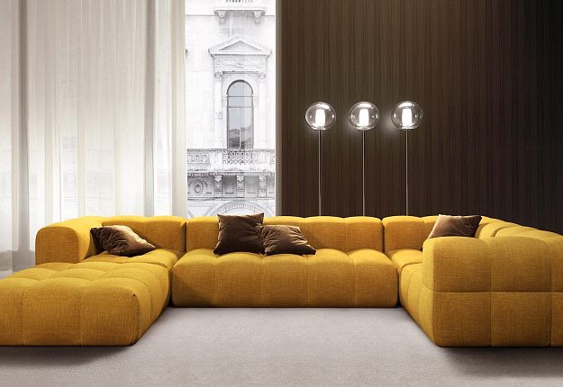 Желтый бескаркасный модульный диван Квадро для дачи 