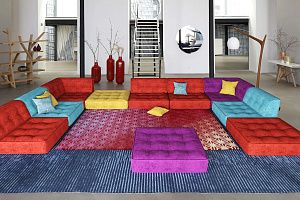 Модульный бескаркасный диван Гоа красного, голубого, желтого, фиолетового цвета в гостиной