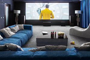 Кресло Фри в домашнем кинотеатре, бескаркасные кресла и диваны голубого цвета