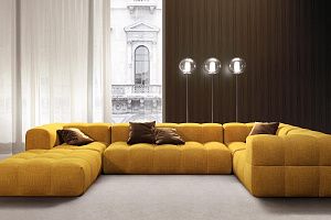 Нераскладной диван Квадро с пуфом, бескаркасный желтый диван, модульная система
