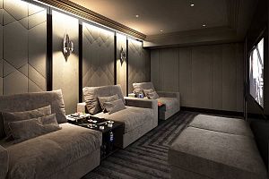 Кресло Элизиум в домашнем кинотеатре, бескаркасные диваны и кресла бежевого цвета