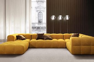 Яркий желтый бескаркасный диван Квадро с подушками, диван трансформер для гостиной, зала, дома, дачи