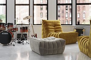 Комплект кресло ДеФранс с пуфом, желтое бескаркасное кресло, новая технология от фабрики Гливер