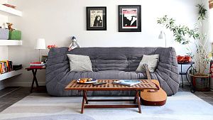 П образный диван ДеФранс с подушками в гостиную, на заказ от российского производителя