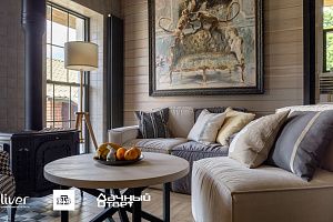 Дачный ответ, Кухня-гостиная с обезьянками и апельсинами, диваны Gliver, Бело-синий диван Фри 