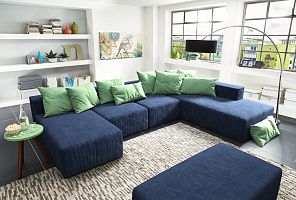 Синий бескаркасный диван Драм с подушками и пуфом 