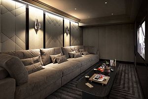 Кресло Элизиум в домашнем кинотеатре, бескаркасные диваны и кресла бежевого цвета