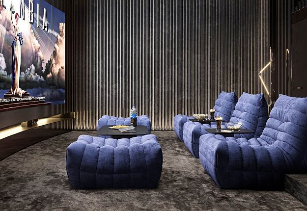 Кресло ДеФранс в домашнем кинотеатре, бескаркасные диваны и кресла синего цвета