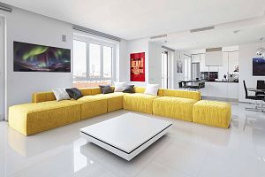 Яркий желтый диван Фри с подушками из флока